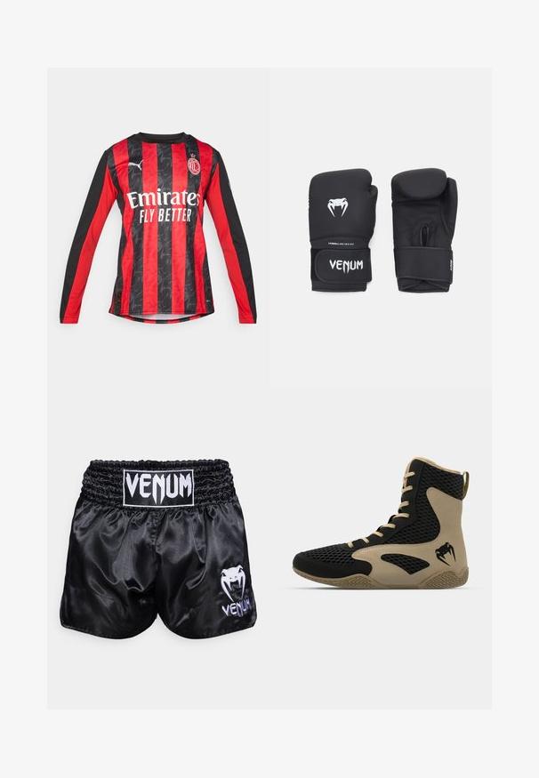 Raudona ir juoda futbolo marškinė su ilgomis rankovėmis, su tekstūruotu juostų dizainu, turinti apvalų kaklą ir priekinį logotipą "Emirates Fly Better."; Juodi satino boksininkų šortai su elastine juosta; ant kairiojo kojos įsiūtas baltas logotipas ir gyvatės piešinys. Lygi tekstūra.; Aukštesni sportiniai batai, turintys juodą tinklinį paviršių su smėlio spalvos akcentais. Tekstūruota gumos pašiūrė ir logotipo detalė šonėje.; Juodos bokso pirštinės su lygiu paviršiumi, su baltu "Venom" logotipu ir reguliuojamu kabliuko ir kilpelės dirželiu, užtikrinančiu saugų prigludimą.