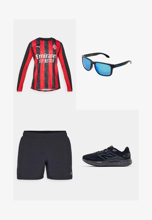 Maillot de football à manches longues rouge et noir avec un design à rayures texturé, doté d'un col rond et d'un logo frontal "Emirates Fly Better."; Shorts de sport noirs avec une ceinture élastique, en tissu léger, et un logo discret sur le côté inférieur gauche. Texture lisse.; Baskets de running pour hommes en mesh noir avec une épaisse semelle grise, texture circulaire et accents réfléchissants. Présente le logo "New Balance" sur le côté.; Lunettes de soleil noires élégantes avec des verres miroités bleus, monture carrée et accent bleu sur les branches. Fabriquées en plastique léger.