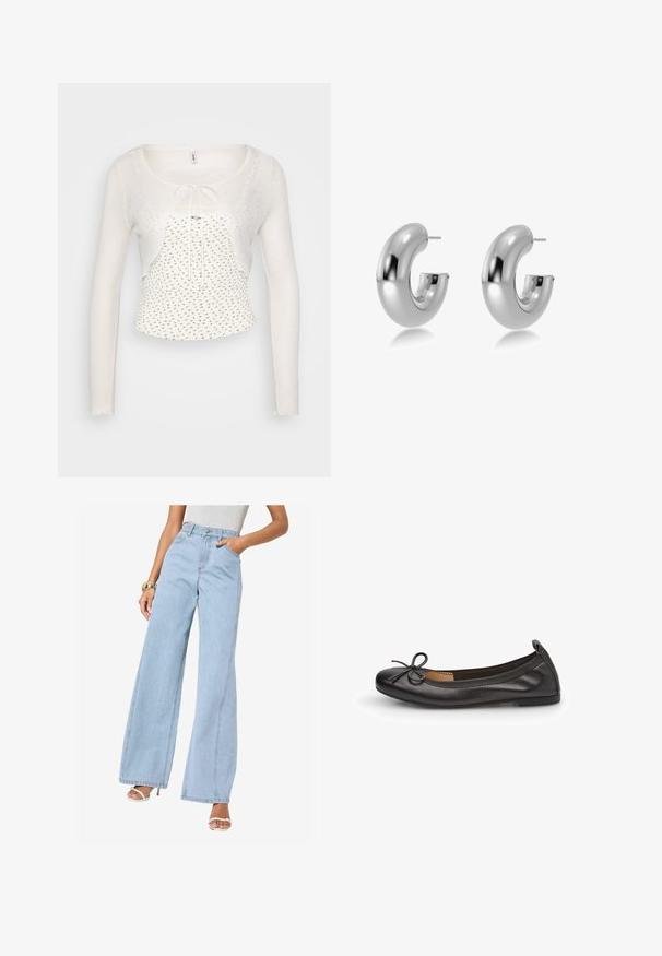 Valge, läbipaistev kardigan pika varrukaga ja lipsuga esiosas. Omab kerget, tekstureeritud kudumist ning sobivat, lillemustrit omavat särkide all.; Hele sinine laiade jalgadega teksapüksid kõrge vöökoht, esikotid ja keskse seam detaljidega; valmistatud pehme tekstuuriga denimist.; Must musta ballerina kingad, ümmarguse varbaga, õhulise paeltega ees ja elastse äärega kindla istuvuse jaoks. Tasane tald mugavuse tagamiseks.; Hõbedased, poleeritud metallist rõngas kõrvaklapid, millel on sile ja ümar kuju ning esiotsas avatud vahe. Varustatud postitugedega, et tagada kindel kandmine.