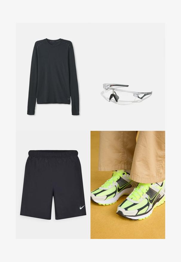 Langermet treningstrøye i mørkegrått stoff. Har rund halslinning, subtil teksturert mønster, og lyseblå detaljer på skuldrene.; Svart sportskjørt laget av lett materiale med elastisk linning. Har en liten hvit Nike-logo nederst til venstre.; Neon grønn og svart joggesko med mesh-materiale, kontrasterende overlegg og teksturerte såler, med lyse snører og en polstret design.; Klare sikkerhetsbriller med en lett, gjennomsiktig ramme og grå detaljer. Har en innpakket design og justerbar nesestykke.