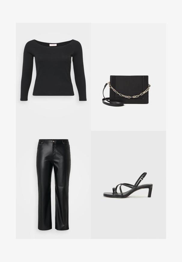 Must have pikkade varrukatega must särke, mis on valmistatud ribakanga, lai ümmargune kaelus ja keha lähedane siluett.; Mustast kunstnahast püksid sirge lõikega, millel on vöökohad, ees taskud ning lukuga sulgemine, millel on nööp. Sujuv tekstuur.; Mustast rihmajalatsid ruudukujulise varba ja madala ploki kontsaga. Omab mitmeid õhukesi rihmasid ja reguleeritavat pahkluu rihma. Valmistatud siledast nahast.; Mustast nahast õlakott, mis omab siledat tekstuuri, ristküliku kuju ning esiküljel metallketi detaili. Reguleeritav rihm on kaasas.