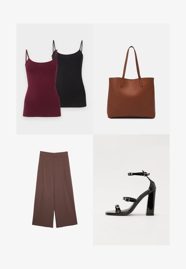 Two fitted camisole tops, one in deep burgundy and the other in black. Made of soft stretch fabric, featuring thin adjustable straps.; Brown wide-leg trousers with a smooth texture, featuring a high waist and front pleats. The fabric is lightweight and flows loosely.; Black patent heeled sandals with a square toe, ankle straps, and silver buckles. Features a chunky block heel for stability.; Brown leather tote bag with a smooth texture, open top design, and two shoulder straps. Features minimal stitching and no visible hardware.