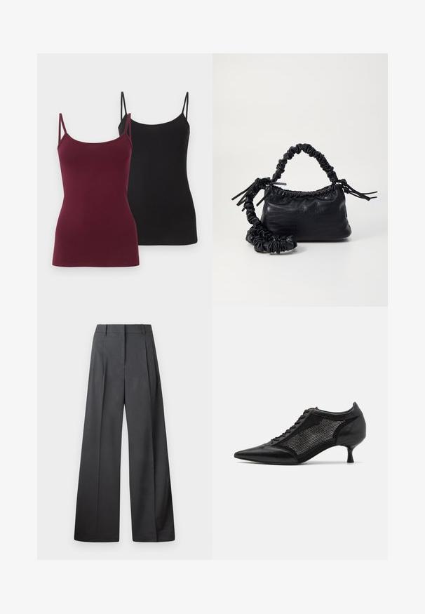 To cami-topper med tettsittende passform, en i dyp burgunder og den andre i svart. Laget av myk stretch-stoff, med tynne justerbare stropper.; Vide bukser i mørkegrått stoff med høy livlinje, enkel press, og en glatt tekstur med en ren finish på ermekantene.; Svart spiss tå-sko med meshpaneldesign, med lav hæl og snøring foran. Laget av en kombinasjon av lær og meshmateriale.; Svart faux skinn-håndveske med krokodilletekstur, strammet topp og en rynket stropp. Ser myk og kompakt ut i designen.