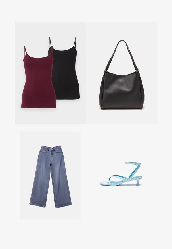 Deux débardeurs ajustés, l'un en bordeaux profond et l'autre en noir. Fabriqués en tissu extensible doux, avec de fines bretelles réglables.; Jean en denim à jambes larges, de couleur bleu clair, avec une taille haute, des poches avant et une fermeture à boutons avec passants de ceinture.; Sandale bleu clair à lanières avec un bout carré, un petit talon, une bride ajustable à la cheville et une finition lisse et brillante. Lanières croisées sur la semelle.; Sac à main en cuir synthétique noir avec une texture douce, forme hobo et doubles poignées; présente une finition brillante et un design minimaliste.