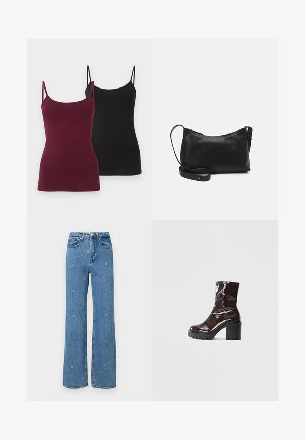 Twee aangesloten cami-tops, één in diep bordeaux en de andere in zwart. Gemaakt van zachte rekbare stof, met dunne verstelbare bandjes.; Blauwe hoge taille rechte jeans met kleine witte bloemenborduursels verspreid over de stof.; Glanzende bordeauxrode enkelboot met een chunky zwarte hak, met een gladde textuur en een eenvoudig ontwerp. Geen zichtbare sluitingen of patronen.; Zwarte leren schoudertas met een gladde textuur, gebogen vorm, verstelbare schouderband en een ritsafsluiting. Minimalistisch ontwerp zonder versieringen.