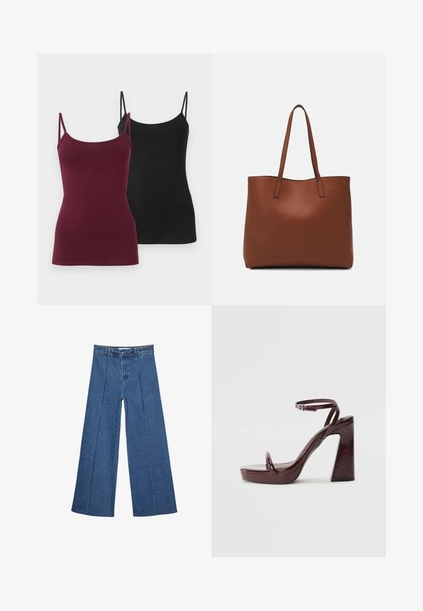 Dve prilegajoče kamarice, ena v temno burgundski barvi in druga v črni. Narejene so iz mehkega elastičnega materiala in imajo tanke nastavljive naramnice.; Jeans širokih nogavic v srednji modri barvi, z visokim pasom, gumbom in kontrastnimi navpičnimi šivi spredaj.; Burgundske paten usnjene sandale na peto z debelim kvadrastim petam, tankim ankelnim trakom in minimalističnim dizajnom za prste. Gladek sijajen zaključek.; Rjava usnjena torba z gladko teksturo, odprto zasnovo zgoraj in dvema naramnima trakovoma. Opremljena je z minimalnim šivanjem in brez vidnih kovinskih delov.