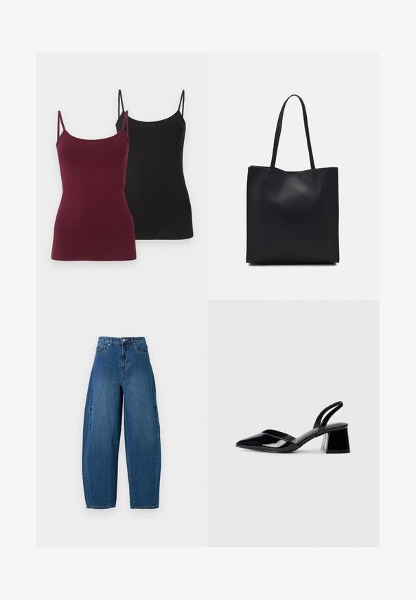 Du imperiški maikutės, viena tamsiai burgundiška, o kita juoda. Pagamintos iš minkštos elastingos medžiagos, turi plonas reguliuojamas petnešas.; Deniminės džinsai vidutinio mėlynumo atspalviu, su aukštu liemeniu, plačiais kojų kirpimais ir standartiniu penkių kišenių dizainu, pasižyminčiu matomais siuvimo detalėmis.; Juodos lakuotos odinės šlepetės su smailiu pirštu ir geometriniu bloko kulnu. Turi elegantišką, minimalistinį dizainą ir lygų paviršių.; Juodas odinis tote krepšys su lygia tekstūra, stačiakampio formos ir dviem ilgais rankenomis. Matomų metalinių detalių ar puošybos nėra.