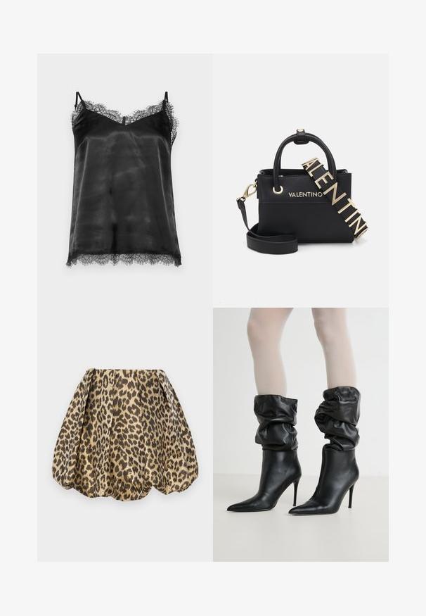 Black satin camisole with lace trim along the neckline and hem. Features thin adjustable straps and a soft, smooth texture.; Sister Jane LOLA SKIRT - A-line skirt - tan; Black leather ankle boots with a slouchy design, pointed toe, and high stiletto heel, featuring a soft, textured finish around the cuff.; Black textured leather handbag with gold hardware, double handles, and removable shoulder strap featuring embossed brand name.