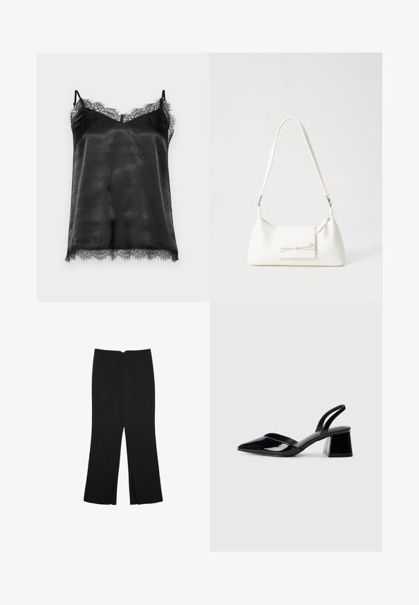 Černý saténový top na ramínka s krajkovým lemem podél výstřihu a spodního okraje. Obsahuje tenké nastavitelné ramínka a má jemnou, hladkou texturu.; Černé kalhoty s rovným střihem, s předními kapsami a bočními rozparky na lemu. Vyrobené z jemné, hladké tkaniny. Vhodné na různé příležitosti.; Černé lakované kožené lodičky na pásku s špičatou špičkou a geometrickým blokovým podpatkem. Vyznačují se elegantním, minimalistickým designem a hladkým povrchem.; Bílá syntetická kabelka v trojúhelníkovém tvaru, s plochým předním klopným víkem a detailem mašle, nastavitelným popruhem, hladkým povrchem a minimalistickým designem.