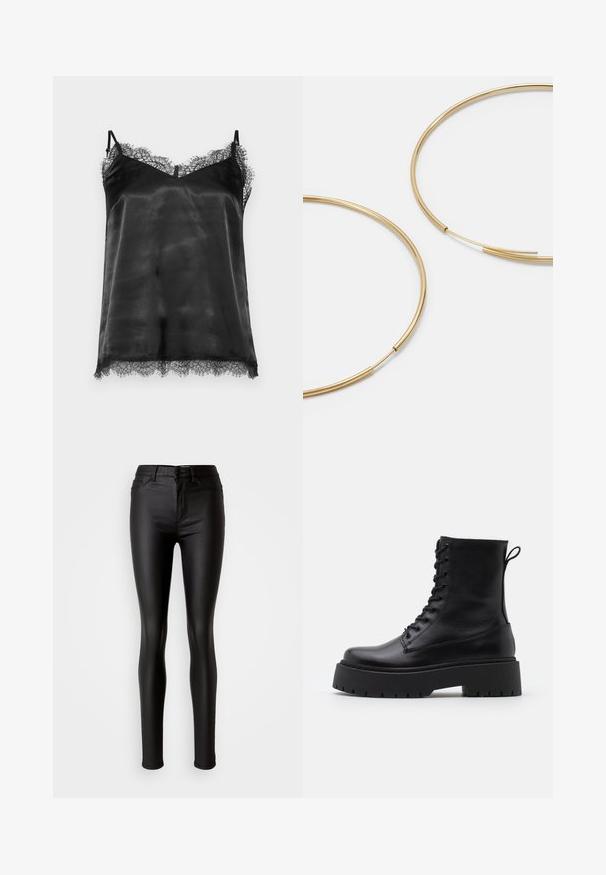 Černý saténový top na ramínka s krajkovým lemem podél výstřihu a spodního okraje. Obsahuje tenké nastavitelné ramínka a má jemnou, hladkou texturu.; Černé skinny džíny z umělé kůže s hladkým povrchem, vysokým pasem, zapínáním na knoflík a tradičním pěti-pocket designem.; Černé kožené kotníkové boty s kulatou špičkou, šněrováním na přední straně a silnou gumovou podešví s texturovaným vzorkem. S poutkem vzadu.; Zlaté kruhové náušnice, tenké a kulaté, s hladkým kovovým povrchem a bez zdobení či vzorů.