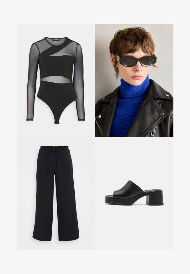 Body nero con maniche lunghe trasparenti, design aderente con dettagli in rete sovrapposti e taglio a perizoma nella parte inferiore.; Pantaloni neri a gamba ampia con finitura texturizzata, vita elasticizzata con bordi arricciati e cordoncino regolabile.; Mule in pelle nera con platfrom, punta aperta arrotondata, tacco basso a blocco e texture liscia. Design minimalista con linee eleganti.; Occhiali da sole neri con bordi arrotondati e lenti oscurate. Presentano dettagli in oro sulle asticelle. Indossati con un dolcevita blu a coste e una giacca di pelle.