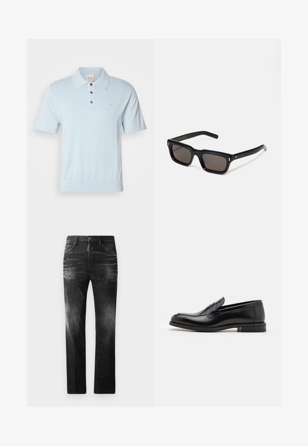 Světlomodré polo tričko s krátkými rukávy, límečkem, zapínáním na tři knoflíky a decentním logem na hrudi. Měkká pletená látka.; Černé džíny z denimu se rovnými nohavicemi. Obsahují vybledlé oblasti, drobné poškození, klasický pětikapsový design a zapínání na knoflík.; Černé kožené polobotky s hladkou texturou, zaoblenou špičkou a zdobným páskem přes nárt. Nízký stohovaný podpatek, minimalistický design.; Černé obdélníkové sluneční brýle s tmavými skly, silným plastovým rámem, zlatými akcenty na spáncích a vyrytým logem značky na nožičce.