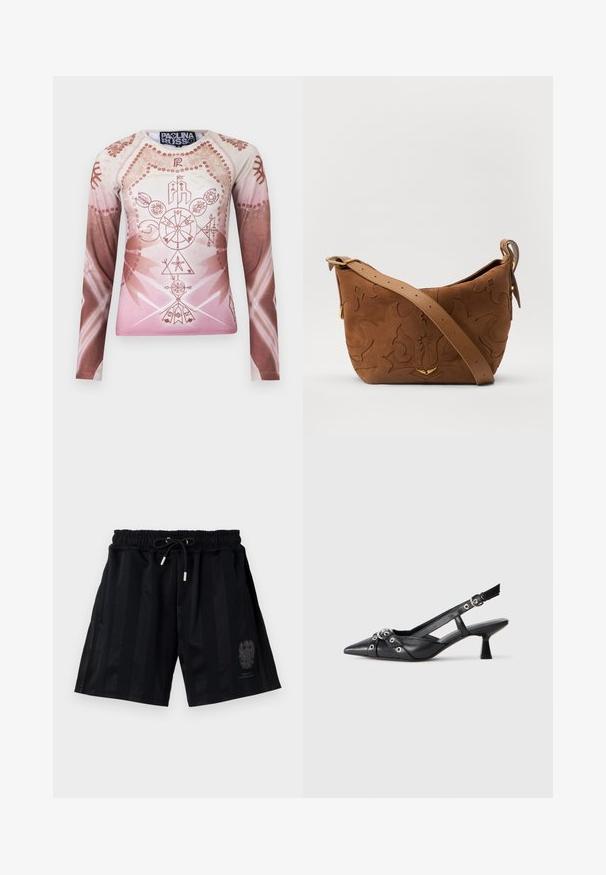 Garais piedurkņu krekls gradienta toņos no gaiši rozā līdz brūnai, ar sarežģītām ģeometriskām un ziedu grafikām, izgatavots no gludas auduma.; Melni sporta šorti ar elastīgu jostu un auklu, ar horizontālām svītrām un nelielu emblēmu kreisajā kājā.; Melnas ādas šlipsveida kurpes ar norādītu purngalu, dekoratīvām joslām ar metāla acīm un zemu bloku papēdi. Teksturēta virsma.; Brūns zamšs plecu soma ar iegravētu ziedu dizainu, papildināta ar gludu brūnu ādas siksnu un zelta toņa detaļām.