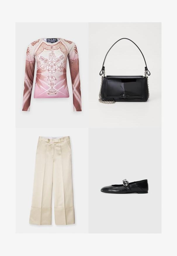 Long-sleeve shirt in gradient shades of light pink and brown, featuring intricate geometric and floral graphics, made of smooth fabric.; Beige wide-leg trousers in smooth fabric with a high waistband, pleated front, and folded hem, featuring side pockets and a clean finish.; Black leather ballet flats with a pointed toe, featuring a strap with a circular metallic buckle and a flat sole.; Black patent leather handbag with a rectangular shape, chain strap, and a distinctive hardware accent in the center. Smooth texture.