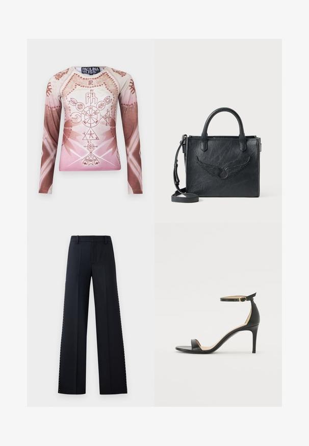 Long-sleeve shirt in gradient shades of light pink and brown, featuring intricate geometric and floral graphics, made of smooth fabric.; Wide-leg trousers in black. Tailored fit with a smooth texture. Features a row of metallic studs along the side seams for detail.; Black leather high-heeled sandal with an ankle strap. Features a smooth texture, open toe, and a thin heel. Gold-toned buckle detail.; Black leather handbag with wing design accent. Features two rounded handles and a detachable shoulder strap. Textured surface. Compact shape.