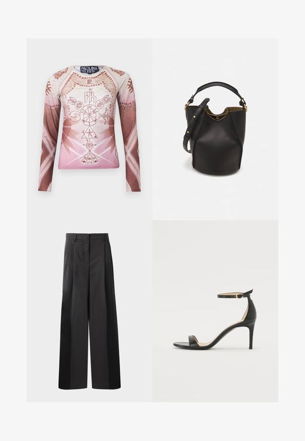 Ilgais rankovėmis marškinėliai su gradientiniais šviesiai rožiniais ir ruda atspalviais, su sudėtinga geometrine ir gėlių grafika, pagaminti iš lygaus audinio.; Juodos plačios kelnės su aukštu liemeniu, su priekinėmis raukšlėmis, glotnia tekstūra ir pritaikytu apdailos stiliumi. Sukurtos laisvam sėdėjimui.; Juodos oda aukštakulniai sandalai su kulkšnies dirželiu. Pasižymi lygiu paviršiumi, atviru pirštu ir plonu kulnu. Auksinės spalvos sagties detalė.; Juodas odinis kibiro tipo krepšys su tekstūruotu paviršiumi, auksiniais detalėmis ir atvira viršūne. Yra trumpa rankena ir reguliuojama petneša.