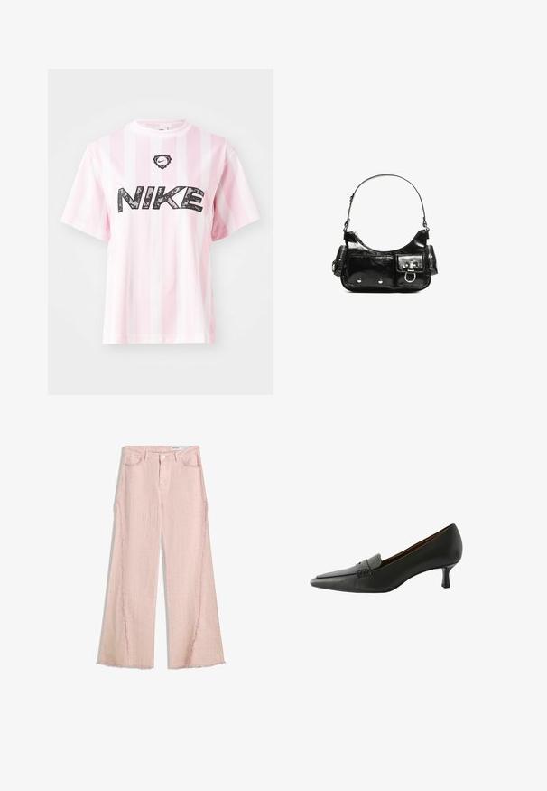 Rosa och vitrandig t-shirt med kort ärm. Har svart "NIKE"-logotyp med blommönster. Tillverkad av mjukt, lätt tyg.; Ljust rosa vida jeans med en texturerad finish, fransig fåll och design med fem fickor. Har en knappstängning och bältesslingor.; Svart läderklackskor med spetsig tå och dekorativ rem. Har en låg stilettklack och slät yta.; Svart lackläderhandväska med en rundad form, en axelrem, framfickor och detaljer i silverfärg.