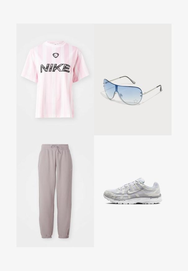 Camiseta de manga corta a rayas rosa y blanca. Presenta el logotipo negro de "NIKE" con diseño floral. Fabricada con un tejido suave y ligero.; Pantalones de chándal de polar en color malva claro con cintura elástica, cordón ajustable, bolsillos laterales y puños elásticos, mostrados planos sobre un fondo blanco.; Zapatillas deportivas de color gris claro con una parte superior de malla y sintético, que cuentan con un cierre de cordones, collar acolchado y suela texturizada para mayor agarre.; Gafas de sol tipo aviador con lentes azul degradado, montura de metal plateado y acentos decorativos de estrellas en los lentes. Diseño suave y elegante.