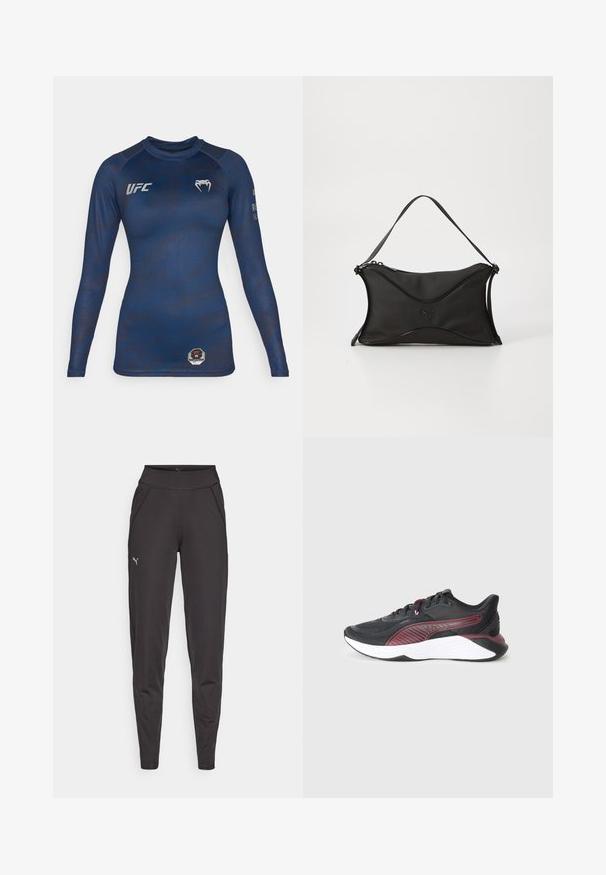 Rash guard a maniche lunghe blu navy realizzato in tessuto morbido, con un motivo sottile, logo UFC sul petto e una toppa ottagonale in vita.; Leggings sportivi neri in tessuto elasticizzato, con vita alta, tasche laterali e un piccolo logo riflettente sulla coscia sinistra.; Scarpa sportiva nera con tomaia in rete testurizzata, dettagli bordeaux, un'intersuola bianca imbottita e un design laterale a motivi.; Borsa nera con un materiale morbido e texturizzato. Presenta un design ondulato, una sola tracolla e un discreto dettaglio del logo sulla parte anteriore.