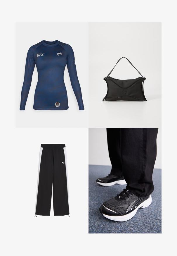 Námořnický rash guard s dlouhým rukávem vyrobený z hladké tkaniny, s jemným vzorem, logem UFC na hrudi a osmihrannou nášivkou v pase.; Černé sportovní kalhoty s bílými bočními pruhy, elastickým pasem a šňůrkou na lemu. Obsahují malé bílé logo.; Černé sportovní boty s síťovinou, bílou podrážkou a černými akcenty. Podešev má texturovaný vzor. Nosené s černými kalhotami na modrém kobercovém povrchu.; Černá kabelka z měkkého texturovaného materiálu. Má vlnitý design, jedno ramenní ucho a decentní logo detail na přední straně.