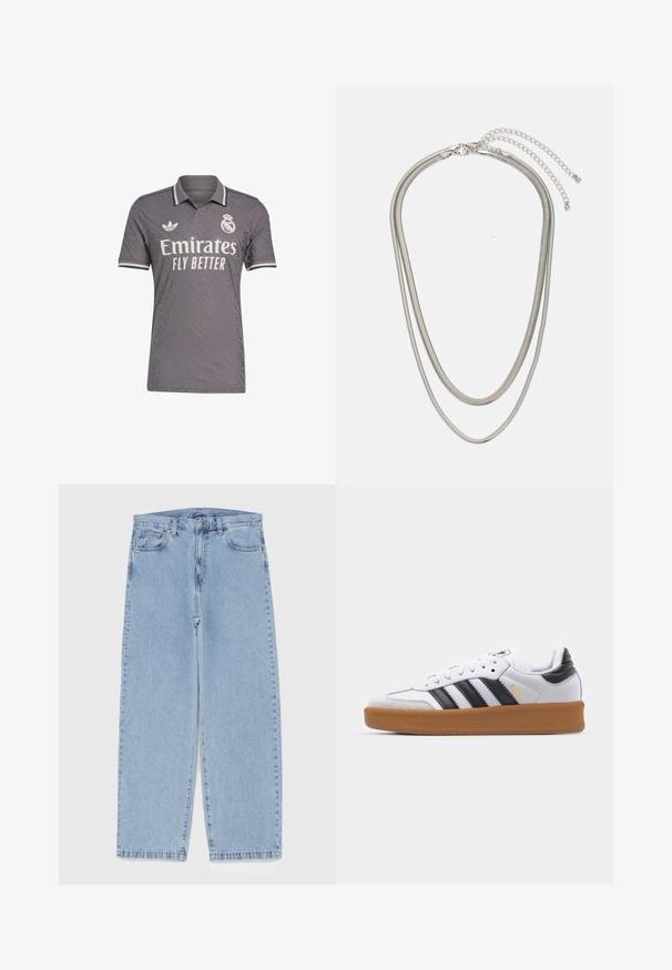 Grey football jersey with a textured pattern, featuring a polo collar, white accents, and the "Emirates Fly Better" logo. Adidas logo on chest.; Light blue denim jeans with straight leg design, featuring a mid-rise waist, five pockets, and a button and zipper closure.; White sneakers with black stripes, suede toe cap, and gum sole. Features lace-up design and branding on the tongue and side.; Three-layered silver metal necklace featuring sleek, flexible chains with a slight sheen, secured with a lobster clasp and adjustable chain.
