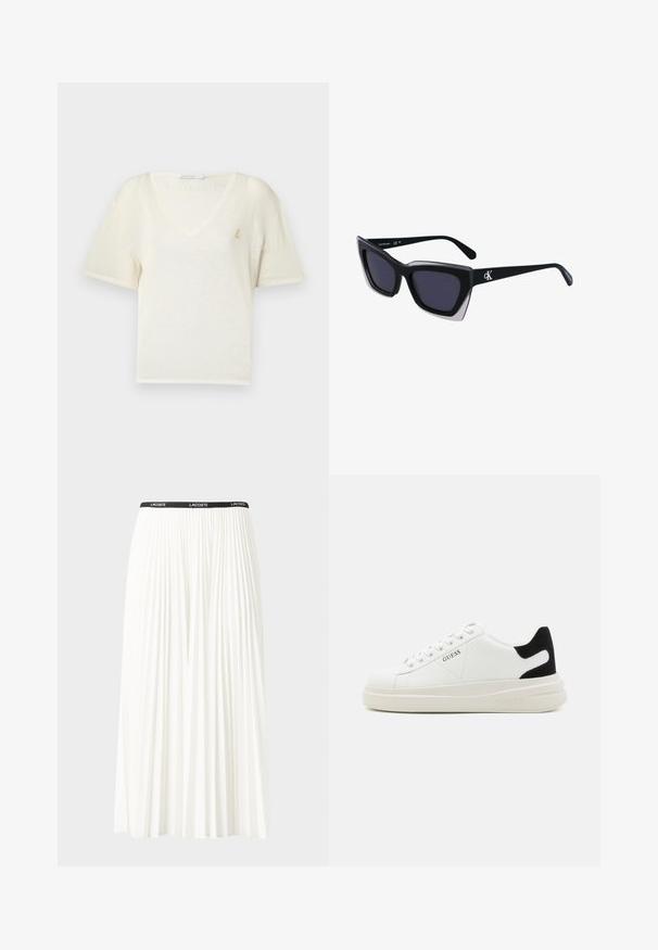 Korte mouwen, V-hals t-shirt van zachte crème stof met een ontspannen pasvorm, voorzien van een klein gouden embleem op de borst. Soepele structuur.; Plisséminirok in het wit met een zwarte elastische tailleband met het "LACOSTE"-logo. Middellange ontwerp met een zachte textuur.; Witte leren sneakers met een dikke witte zool, zwarte suède hielaccent en een geperst logo op de zijkant. Vetersluiting met zes oogjes.; Zwarte oversized zonnebril met een geometrische vorm, voorzien van donkere glazen en een contrasterend grijs detail op het montuur. Logo op de arm.