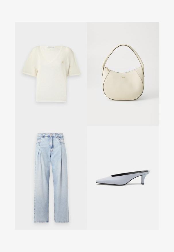 Korte mouwen, V-hals t-shirt van zachte crème stof met een ontspannen pasvorm, voorzien van een klein gouden embleem op de borst. Soepele structuur.; Lichtblauwe denim jeans met een hoge taille, wijde pijpen, twee zijzakken en geplooid ontwerp. Zachte textuur met een vervaagd uiterlijk.; Lichtblauwe patentleren mule met een spitse neus, een lage doorzichtige hak, en een strak ontwerp met een uitsparing bij de vamp.; Crème-kleurige handtas met een gestructureerde afwerking, gebogen vorm, korte handgreep en een goudkleurige logo-applicatie. Ritsafsluiting aan de bovenkant.