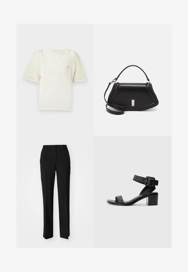 T-paita lyhyillä hihoilla, V-pääkohdalla, pehmeästä kermaisosasta rentoa istuvuutta, jossa on pieni kultainen emblem rintataskussa. Silkkinen pinta.; Mustat räätälöidyt housut suoraa lahjetta, joissa on sileä pinta ja terävät taitteet edessä. Ei näkyvää metalliosaa.; Mustat nahkaiset korkokengät, joissa on säädettävä nilkkastrappi, avoin varvasmuotoilu ja neliömäinen korko. Silkkinen pinta, minimalistinen tyyli.; Mustalla nahkalaukulla, jossa on jämäkkä muotoilu, lyhyt malli, yläkahva ja kultaiset yksityiskohdat. Säädettävä olkahihna sisältyy.