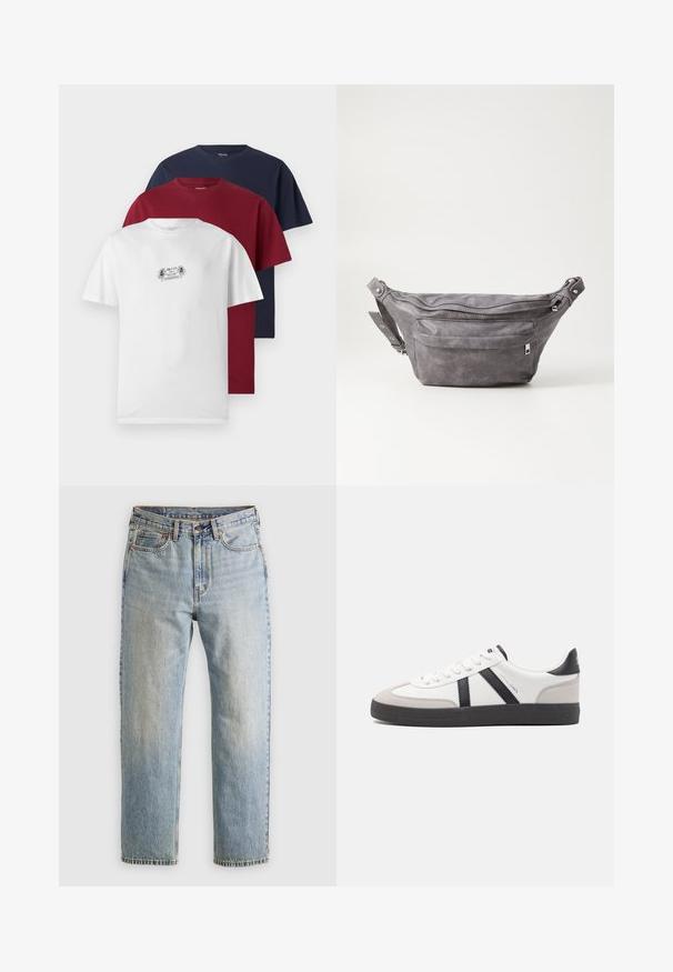 Tričko s krátkymi rukávmi v bielej, burgundskej a námorníckej modrej farbe. Každé má okrúhly výstrih a jemnú bavlnenú látku, pričom biele tričko zobrazuje malý grafický motív.; Svetlomodré džínsy s vysokým pásom, predným gombíkom, zipsom a dizajnom s piatimi vreckami, rozložené na neutrálnom pozadí.; Biele tenisky s čiernymi a šedými akcentmi, s textúrovanou šedou špičkou, čiernou gumovou podrážkou a plochými bielymi šnúrkami. Čistý dizajn, minimalistický štýl.; Sivá semišová ľadvinka s okrúhlym tvarom, dvoma zipsovými priehradkami a nastaviteľným popruhom. Obsahuje kovové prvky.