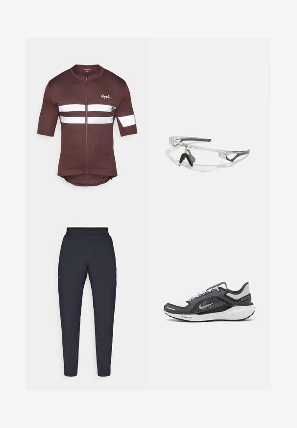 Hnědý cyklistický dres s krátkým rukávem a plným zipem, který má bílé reflexní pruhy a síťované detaily. Logo značky je umístěno na přední straně.; Černé sportovní kalhoty s hladkou texturou, slim fit, elastickým pasem a bočními kapsami. Na levém stehně je umístěno malé logo.; Černá a šedá sportovní obuv s vrškem z prodyšné síťoviny, reflexními akcenty a bílou mezipodešví. Obsahuje texturovanou gumovou podrážku a tkaničky.; Průhledné ochranné brýle s lehkým, transparentním rámem a šedými akcenty. Mají design přes hlavu a nastavitelný nosník.