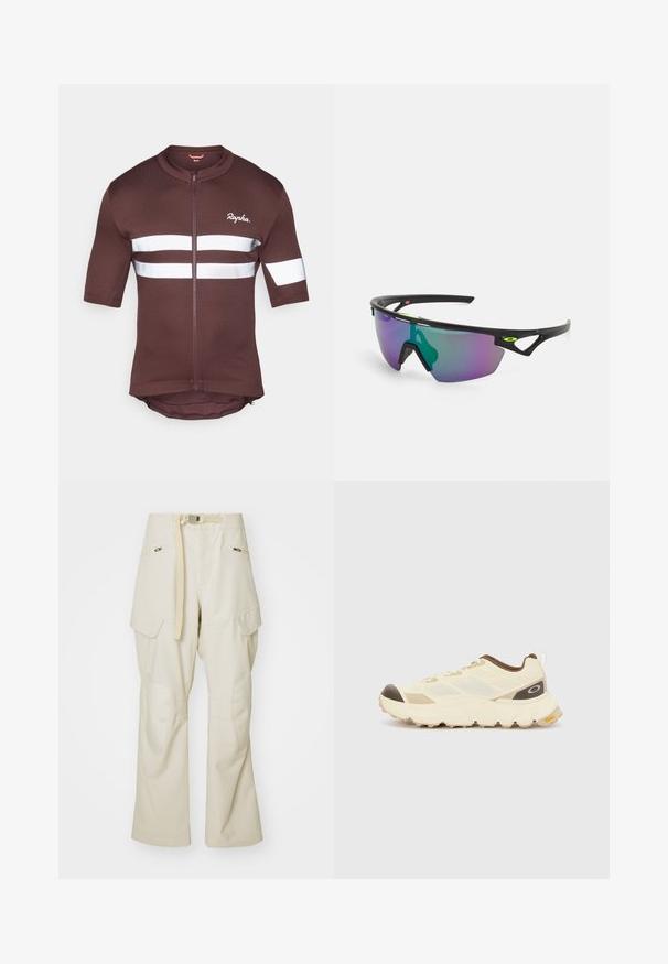 Ruskoppa lyhythihainen pyöräilypaita, jossa on täysipitkä vetoketju, valkoiset heijastavat raidat ja verkko-osia. Brändin logo esillä edessä.; Beige-housut, joissa on leveä lahje, vyötärölle kuuluu vyö, kaksi sivutaskua ja polvipaikat. Sujuva pinta, jossa on vahvistetut ompelu yksityiskohdat.; Vaaleanbeige urheilukengät, joissa on teksturoitu pintamateriaali, ruskeat yksityiskohdat ja paksu, kestävä pohja. Sisältää verkkopaneelit ja vetotaskun takana.; Urheilulasit mustalla kehyksellä, suuret liukuväriset linssit, joissa on purppuran- ja vihreänsävyjä, sekä kulmikkaat muotoilun yksityiskohdat, joissa on logotieto.