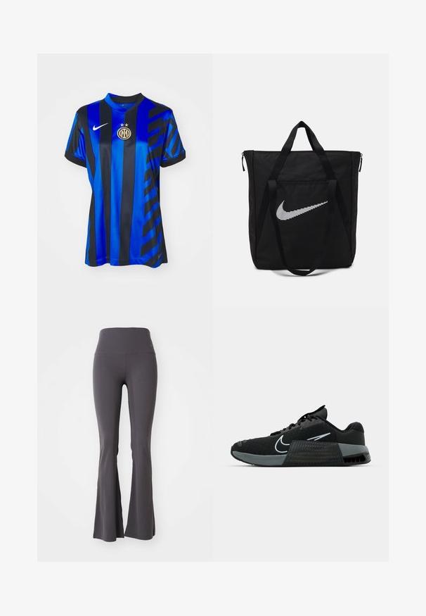 Kék és fekete csíkos focimez sima anyagból; kerek nyakú, rövid ujjú, Nike logóval és csapat emblémával, amely csillagokat tartalmaz.; Szürke, trapéz szabású jóga nadrág rugalmas anyagból. Magas derék, sima textúra, a szűkített dizájn a harangszárig terjed.; Fekete sportcipő hálós felsőrésszel, szürke részletekkel és textúrázott középtalppal. Kiugró logóval és fűzős kialakítással rendelkezik. Gumitalpa a tapadás érdekében.; Fekete nejlon bevásárlótáska két erős fogantyúval és cipzárral. Jellemzője egy kiemelkedő fehér Nike pipa logó vízszintes csíkozott kialakításban.