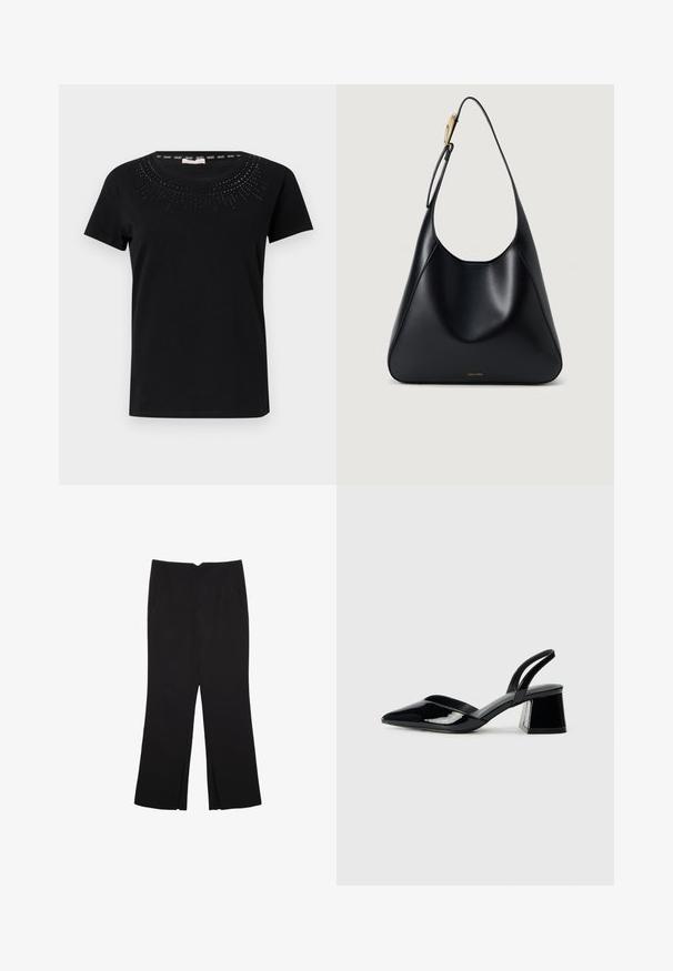 Black short-sleeve t-shirt made of cotton, featuring a round neckline adorned with a decorative pattern of small studs around the collar.; Black trousers with a straight fit, featuring front pockets and side slits at the hem. Made of soft, smooth fabric. Suitable for various occasions.; Black patent leather slingback heels with a pointed toe and a geometric block heel. Features a sleek, minimal design and smooth texture.; Black leather shoulder bag with a smooth texture, curved silhouette, and a gold hardware accent. Features embossed brand logo at the base.
