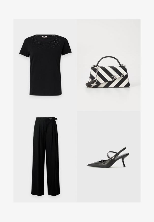 Black short-sleeve t-shirt made of cotton, featuring a round neckline adorned with a decorative pattern of small studs around the collar.; Black wide-leg trousers with a high waist, pleats at the front, and a belt featuring a buckle. Made from smooth, lightweight fabric.; Black leather slingback heels with a pointed toe, slender heel, and decorative buckle detail on the vamp. Smooth texture and sleek design.; Black and white striped handbag with a structured shape, featuring a top handle, a detachable chain strap, and metallic logo accent.
