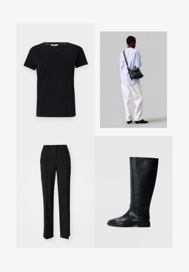 Schwarzes Kurzarm-T-Shirt aus Baumwolle mit einem runden Halsausschnitt, der mit einem dekorativen Muster aus kleinen Nieten um den Kragen verziert ist.; Schwarze, taillierte Hose mit geradem Bein, aus einem glatten Stoff und mit klaren Falten an der Vorderseite. Keine sichtbare Hardware.; Schwarze Lederstiefel bis zum Knie mit runder Zehenform, glatter Textur, minimalistischem Design und flacher Sohle. Einfache Nahtdetails am Schaft.; Schwarze Leder-Umhängetasche mit weicher Textur, dreieckiger Form und verstellbarem Tragegurt, kombiniert mit einem hellblauen gestreiften Hemd und weißen Hosen.