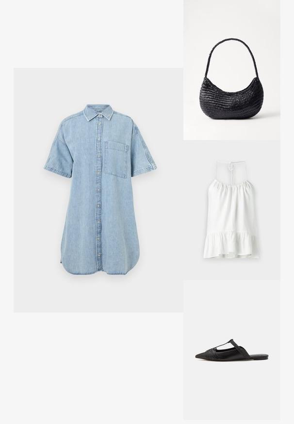 White sleeveless blouse made of lightweight fabric. Features a gathered neckline and a flared ruffled hem. Ties at the back for closure.; Denim shirt dress in light blue, featuring a button-up front, short sleeves, and a single chest pocket. Smooth texture with curved hem.; Black leather slingback shoe with a pointed toe, featuring a woven accent and pleated upper design. Flat sole with minimal hardware.; DRAGON DIFFUSION NOVA LUNA - Handbag - black