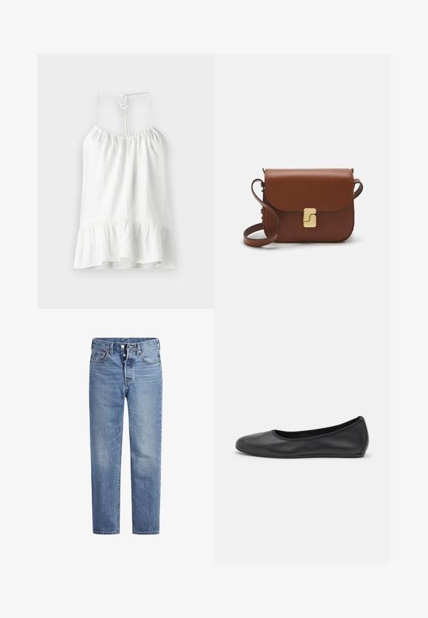 Valkoinen ilman hihoja oleva pusero, joka on valmistettu kevyestä kankaasta. Siinä on kerätty kaula-aukko ja leveä röyhelöhelma. Kiinnitetään takana solmulla.; Vaaleansiniset farkut suoran leikkauksen, viiden pussin designin ja nappisuljenta. Ominaisuuksiin kuuluu hienoinen haalistuminen ja oranssit ompeleet.; Musta nahkainen ballerina, jossa on pyöristetty kärki, sileä pinta, minimaalinen ommelkoristelu ja joustava pohjamuotoilu.; Ruskea nahkainen käsilaukku, jossa on läppäkiinnitys, kultasävyiset yksityiskohdat, olkahihna ja sileä pinta. Kompaktin suorakaiteen muotoinen.