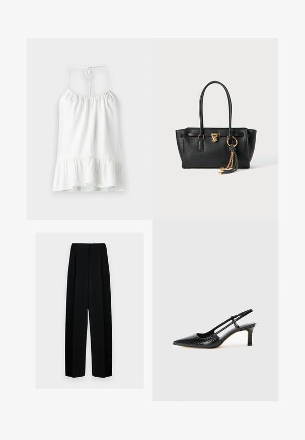 Hvid ærmeløs bluse lavet af letvægtsstof. Har en samlet halsudskæring og en flagrende volangbund. Bindes bagpå for lukning.; Sorte vide benbukser med høj talje, der har læg og en glat tekstur. Stoffet virker let og falder elegant.; Sorte patent slingback hæl med spids tå, prydet med tekstureret slangeskindsmønster, justerbar rem og en kort, tekstureret blokhæl.; Sort læder skuldertaske med dobbelte håndtag, guld lås og kædedetalje samt sort-hvid kvast tilbehør mod hvid baggrund.