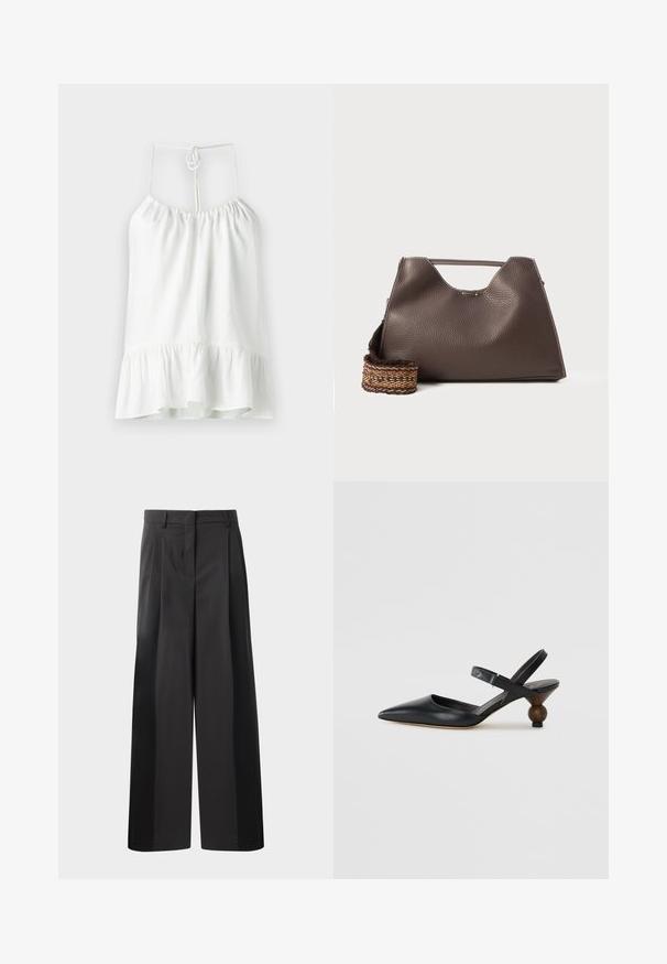 White sleeveless blouse made of lightweight fabric. Features a gathered neckline and a flared ruffled hem. Ties at the back for closure.; Black wide-leg trousers with a high waist, featuring front pleats, a smooth texture, and a tailored finish. Designed for a relaxed fit.; Black leather slingback shoe with a pointed toe, curved design, and a round wood-like heel. Features a narrow ankle strap.; Brown leather handbag with a textured finish, angular design, and a distinctive top handle. Features a patterned woven strap detail.
