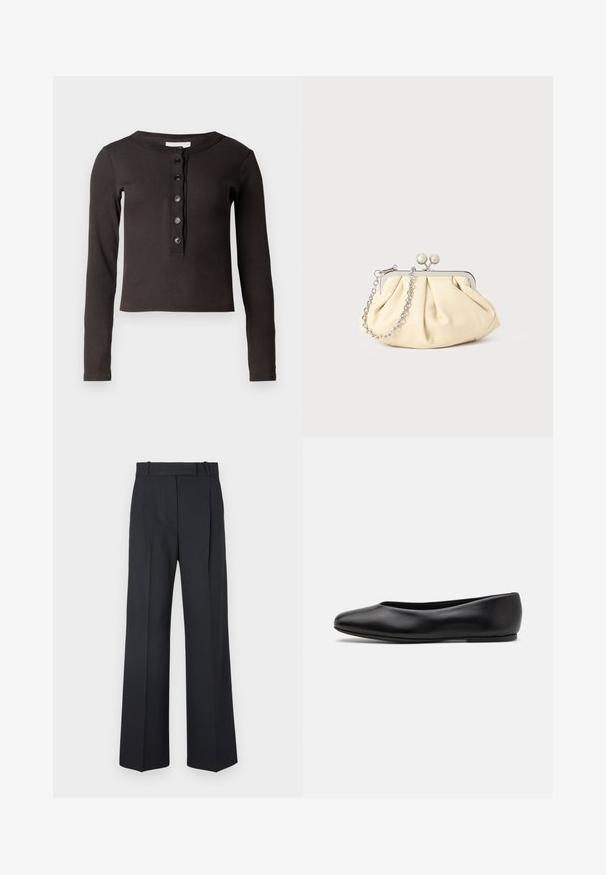 Tummanruskea pitkähihaisuus paita, jossa on ribbitekstuuri, pyöreä kaula-aukko ja kuusi nappia edessä. Malli on lyhyt ja hieman vartalonmyötäinen.; Tummansiniset raidalliset housut, joissa on korkea vyötärö, leveät lahkeet ja ei näkyviä metalliosia tai koristeita. Sileä pinta ja räätälöity istuvuus.; Paul Smith TOPANGA - Ballerinat - black; Beige nahkaista kassi, jossa on laskostus ja hopeinen metallirunko, kaksi pyöreää koristeellista solkea sekä hopeaketjuolkayh.