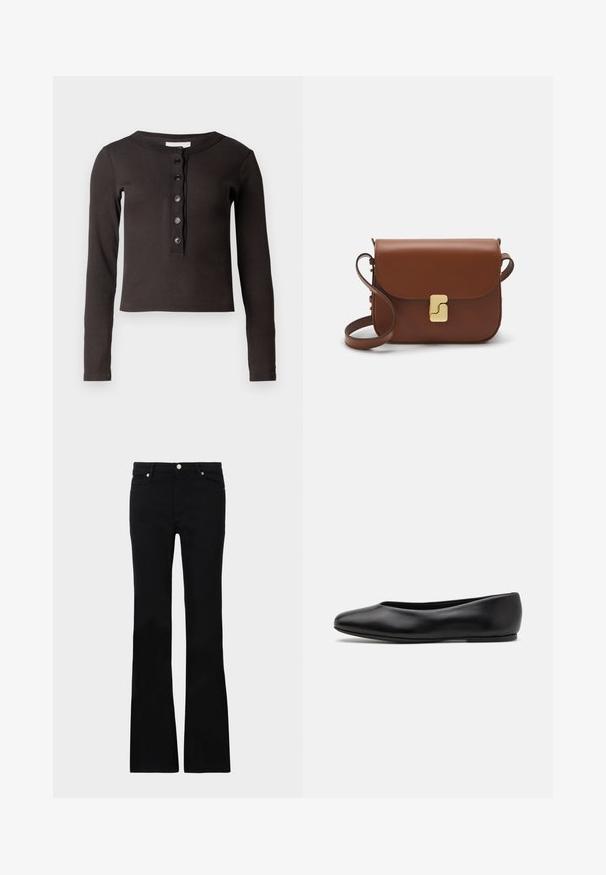 Camisa de manga longa castanho-escura com textura canelada, gola redonda e seis botões frontais. O corte é cropped e ligeiramente ajustado.; Calças pretas de ganga em corte flare, com dois bolsos frontais, fecho com botão e uma textura suave. Costura característica visível nas costuras.; Paul Smith TOPANGA - Sabrinas - black; Bolsa de couro castanho com fecho de aba, decoração em tom dourado, alça de ombro e textura suave. Formato retangular compacto.