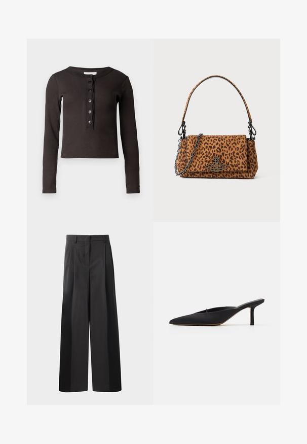 Dark brown long-sleeve shirt with a ribbed texture, round neckline, and six front buttons. The fit is cropped and slightly fitted.; Black wide-leg trousers with a high waist, featuring front pleats, a smooth texture, and a tailored finish. Designed for a relaxed fit.; Black pointed-toe mule with a sleek design, made of smooth fabric, featuring a slender heel and open back for easy wear.; Leopard print handbag made of suede with a short handle, a chain strap, and a black hardware clasp. Rectangular shape with a flap closure.