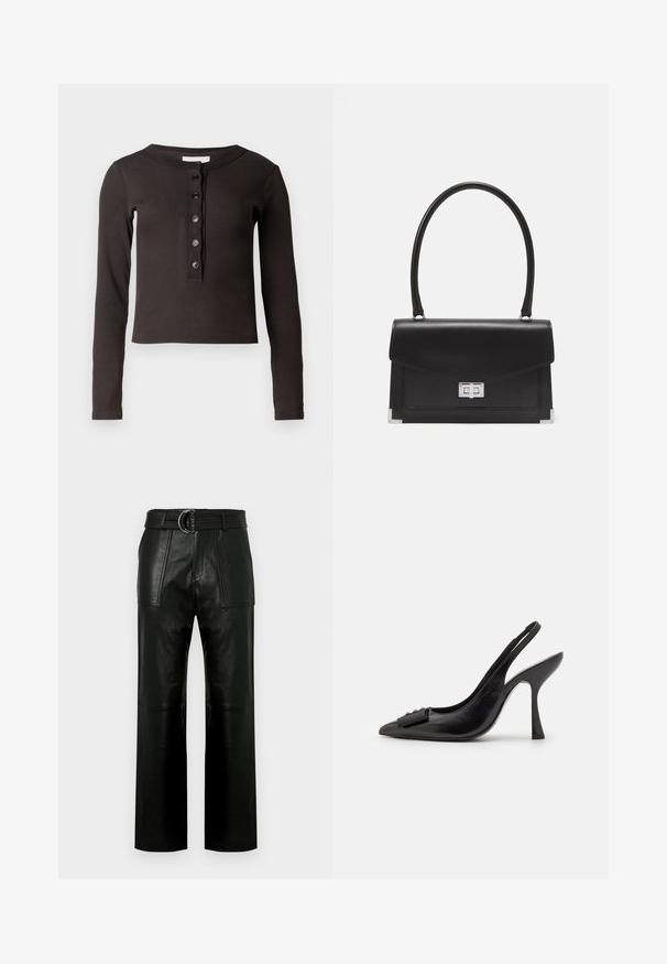 Cămașă lungă cu mâneci, de culoare maro închis, cu textură în relief, guler rotund și șase nasturi în față. Croiala este scurtă și ușor ajustată.; Pantaloni din piele neagră cu talie înaltă, cu picioare largi, buzunare frontale mari și un brâu asortat cu cataramă cu dublu inel.; Pantofii slingback din piele neagră, cu vârf ascuțit, toc subțire și un accent decorativ sub formă de fundiță. Textură netedă și design elegant.; Geantă de mână din piele neagră cu un design structurat, un mâner superior și o închidere din argint. Prezintă accente la colțuri și o textură netedă.