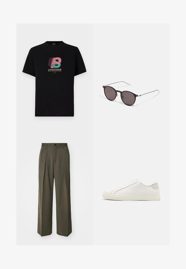 Juodas medvilninis marškinėliai trumpomis rankovėmis su spalvinga grafika, kurioje parašyta "ATHLÉTIQUE" ir stilizuotas "S" priekyje.; Filippa K WIDE TROUSERS - Kelnės - driftwood; Baltos odinės sportinės avalynės, lygiu paviršiumi, apvaliu nosiu ir minimalistiniu dizainu. Su smėlio spalvos akcentais ant kulno ir guminis padas.; Juodos apvalios saulės akinių su tamsiais lęšiais ir plonomis metalinėmis šakomis. Įtraukti skaidrūs šventyklų galai ir sidabriniai akcentai vyrio srityje. Minimalistinis dizainas.