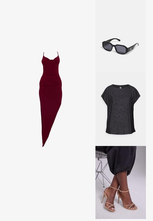 Juodas trumpas rankovėmis viršus, pagamintas iš sklandžios medžiagos, su subtiliu roplio raštu, apvaliu kaklu ir plačiu kirpimu, leidžiančiu laisvai judėti.; Burgundiškai prigludusi suknelė su špagetinėmis petnešėlėmis, su šoniniu įpjovimu ir surauktomis detalėmis juosmens srityje, pagaminta iš tamprios medžiagos.; Bežiniai aukštakulniai sandalai su kristalų dekoracijomis, atviru pirštu, plonomis juostelėmis ir elegantiška siluetu.; Juodi akiniai nuo saulės su aštuonkampiu rėmu, tamsiais lęšiais, blizgiais plastikiniais matiniais ir sidabriniu logotipo akcentu vienoje pusėje.; Auksiniai metaliniai auskarai su banginiu dizainu; glotni, atspindinti paviršių; asimetriška forma; nematomi raštai ar aparatai.