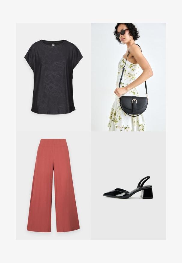 Top preto de manga curta em tecido suave, com um discreto padrão de réptil, decote redondo e ajuste solto para facilidade de movimento.; Calças de perna larga em tom ferrugem, feitas em tecido texturizado com nervuras verticais. Possuem um cós alto e elástico.; Sandy em verniz preto com salto slingback, ponta afilada e salto geométrico. Apresenta um design elegante e minimalista com textura suave.; Bolsa de couro preta com forma curva, alça destacável e detalhes em dourado. A bolsa possui uma aba com detalhe de fivela.