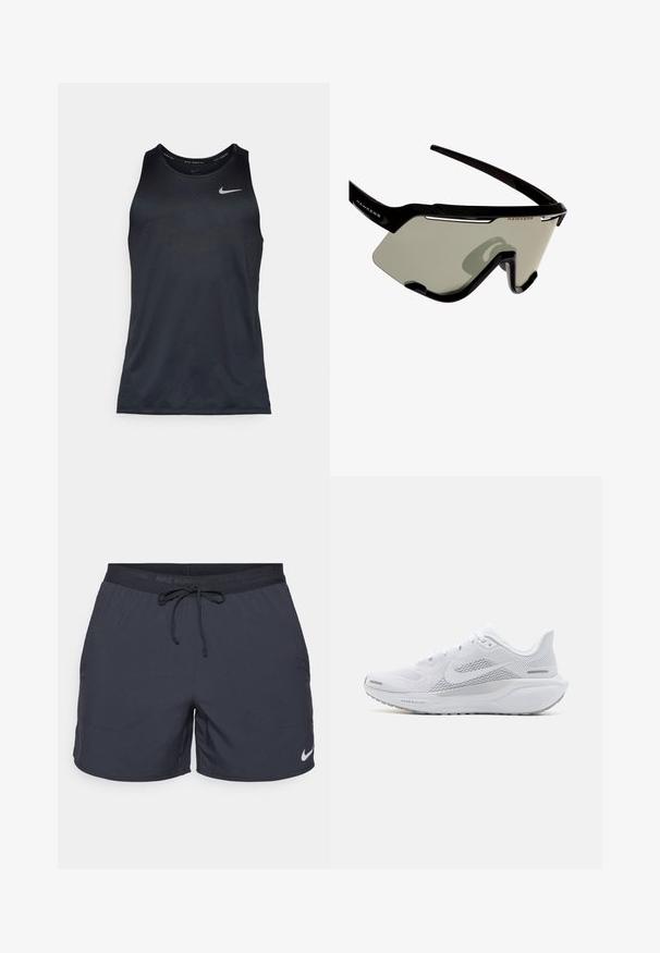 Zwarte Nike tanktop gemaakt van lichtgewicht, gladde stof. Ronde halslijn en mouwloos ontwerp met een subtiel textuurpatroon en logo.; Nike hardloopshorts, donkergrijs, elastische tailleband met trekkoord, zijzakken, lichtgewicht stof, met een wit Nike-logo op de onderste zoom.; Witte sportieve schoen met een mesh bovenwerk, gladde textuur overlays, grijze accenten, veters en een gevoerde zool ontworpen voor prestaties.; Zwarte sportzonnebril met een wraparound ontwerp, voorzien van grote grijze lenzen en een stevige montuur met witte accenten en logo.