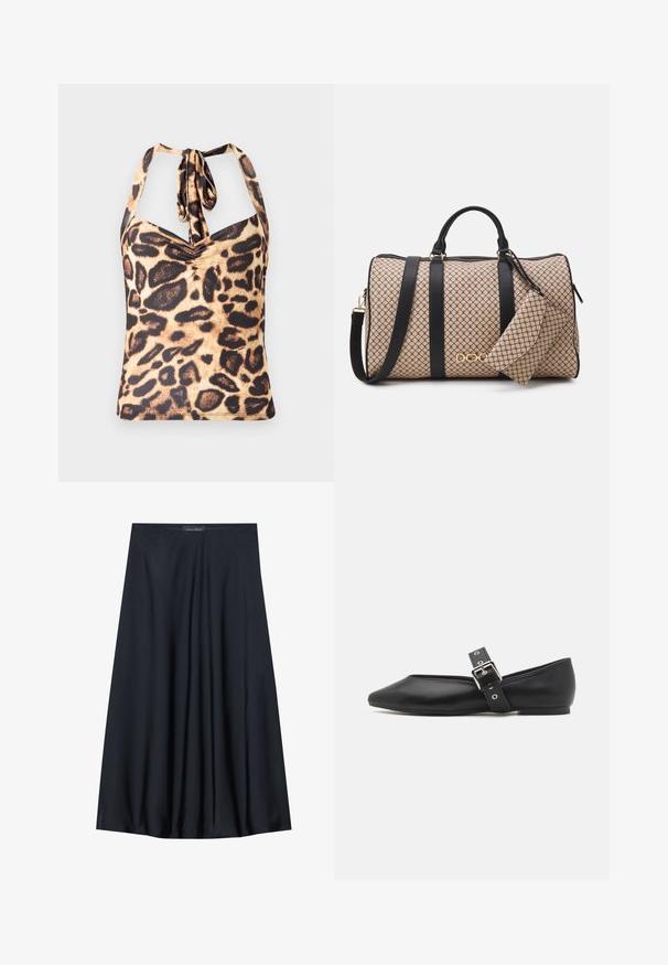 Haltertop in Leopardenmuster mit gerafftem Vorderteil, in Brauntönen und Schwarz auf einem beigen Hintergrund.; Schwarzer, knielanger Rock aus leichtem Material mit fließendem Design. Verfügt über eine glatte Textur und subtile Falten für zusätzliche Details.; Schwarze Lederflachschuhe mit spitzer Zehenform, seitlichem Riemen mit silberner Schnalle und niedrigem Absatz. Glatte Textur und minimalistisches Design.; Duffle-Bag mit einem beigen gemusterten Äußeren, schwarzen Ledergriffen, goldenen Beschlägen und einer kleinen passenden Tasche, die befestigt ist. Strukturierte Form.; Goldfarbene rechteckige Armbanduhr mit Zifferblatt in Weiß, silbernen Stundenmarkierungen und einem strapazierfähigen Metallarmband. Wasserfest.