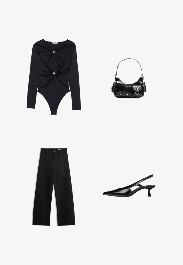Musta pitkähiha bodysuit, jossa on kootut kankaat edessä, hopeiset rengasaktsentit ja tiukka istuvuus. Materiaali näyttää sileältä ja joustavalta.; Mustat leveät farkut korkealla vyötäröllä, joissa on etu- ja takataskut, ommellut saumat ja nappisuljenta. Silkinoinen rakenne.; Mustat lakatut nahkakengät, joissa on viistopää, leikattu sivusuunnassa ja pieni neliökoroke. Sujuva pinta, jossa on minimaalinen koristelu.; Mustekko mustasta kiiltonahasta valmistettu käsilaukku, jossa on kaareva muoto, yksi olkahihna, etutaskut ja hopeanväriset yksityiskohdat.