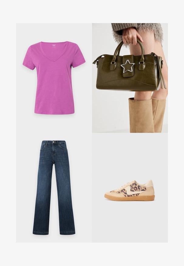Lühikeste varrukatega V-kaelusega T-särk heledas lillakas puuvillas, millel on sile tekstuur ja minimalistik disain ilma mustrite või aksessuaarideta.; Tumedat sinised teksad laia jala disainiga, viie tasku ja ees oleva nööbiga sulgemisega. Sile tekstuur ja klassikalised peitevõrngud.; Leopardi mustriga tossud, millel on beež sueded ülemine osa, pruuni kummist põhi ja valged aktsendid. Ümar nina ja lipsukujundus, millel on tekstureeritud viimistlus.; Oliivroheline kunstnahast käekott koos hõbedase tähe aktsendiga, kahe käepideme ja luku sulgemisega. Tekstuuriga pind ja struktureeritud kuju.